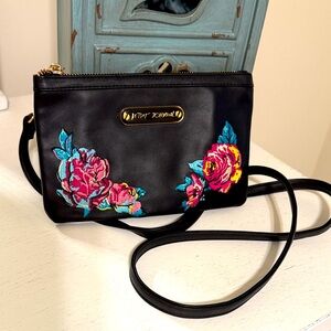 Betsey Johnson Black Crossbody Bag with Floral Embroidery / Excellent Condition